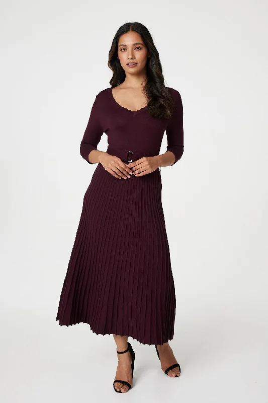 Pleated Midi Knit Dress Fashionable Plaid Midi Dress