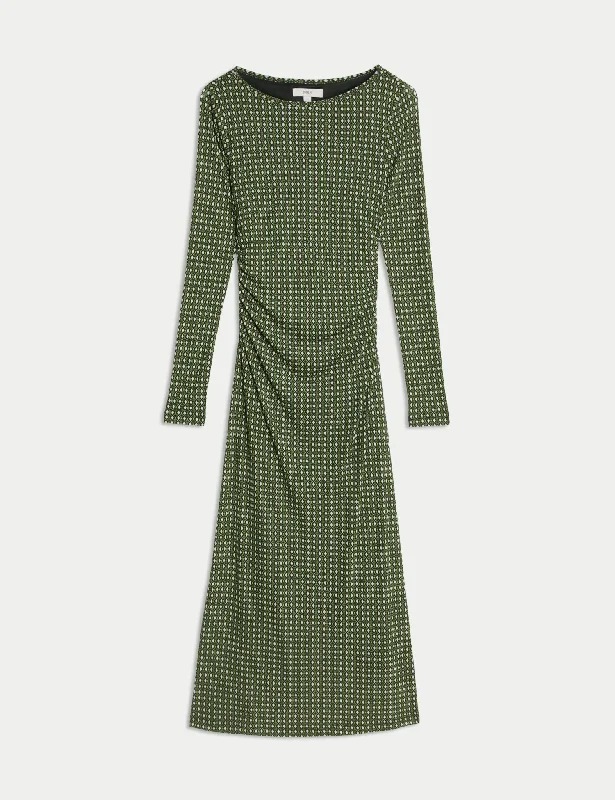 Mesh Jersey Printed Midi Column Dress Trendy Long Sleeve Midi Dress