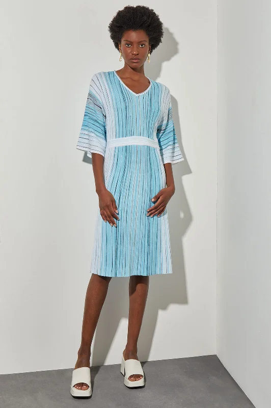Midi A-Line Dress - Pleated Space Dye Soft Knit Elegant Floral Midi Dress