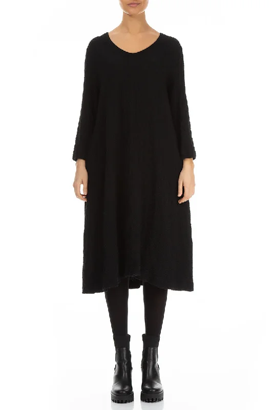 Midi Black Wool Dress Stylish Off-Shoulder Ruffle Dress