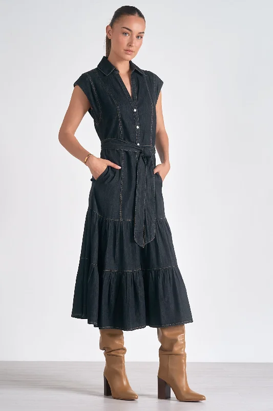 Midi Cap Sleeve Belted Dress Elegant Puff Sleeve Midi Dress