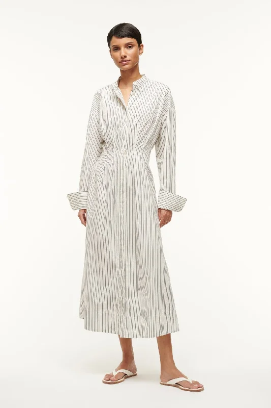 MIDI LORENZA DRESS | IVORY MICRO STRIPE Stylish Cold Shoulder Midi Dress