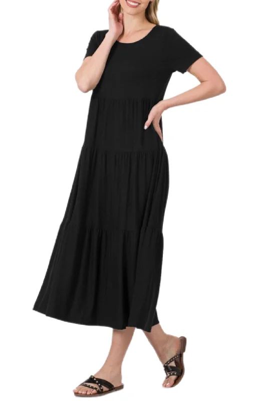 Midi Tiered Dress Style 8354 in Black or Ash Rose Trendy Off-Shoulder Ruffle Midi Dress