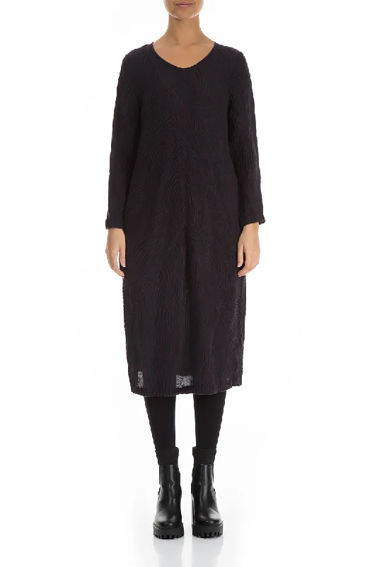 Midi Waves Dark Violet Silk Dress Comfortable Button Front Midi Dress