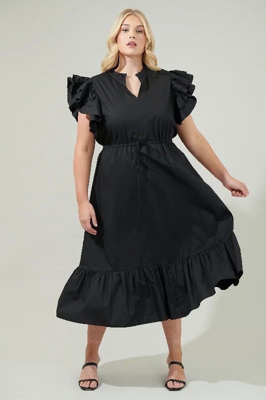 Miley Dillan Midi Ruffle Dress Curve Trendy Off-Shoulder Button Midi Dress