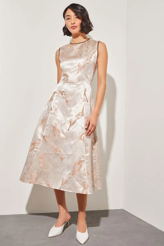 Modern Fit Midi A-Line Dress - Shimmer Woven Jacquard Stylish Midi Dress with Cuffs