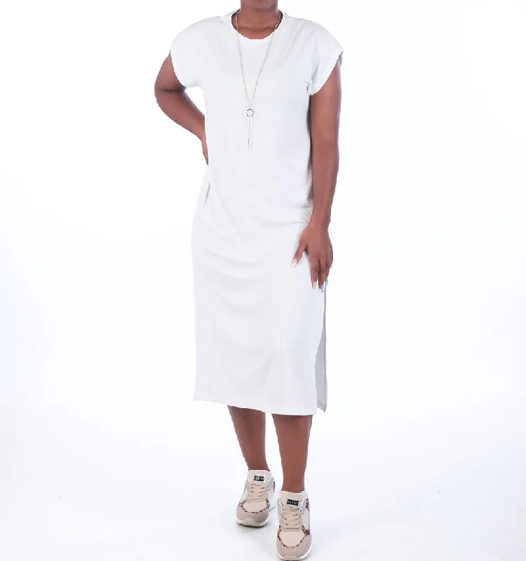 MUSCLE MIDI DTY RIB DRESS - WHITE Trendy Fit-and-Flare Midi Dress