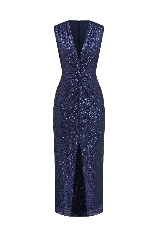 Navy V-neck Sheath Sequins Midi Cocktail Dress with Slit Elegant Floral Appliqué Midi Dress