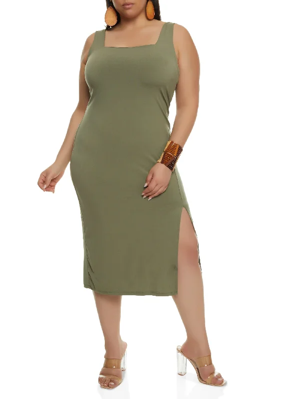 Plus Size Square Neck Midi Side Slit Tank Dress Comfortable Short Sleeve Midi Dress