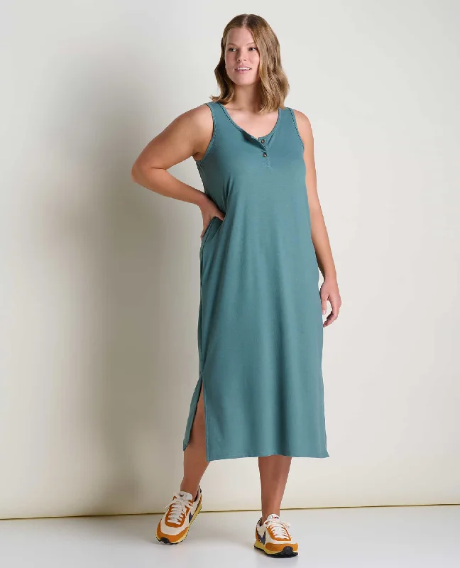 Piru Henley Midi Tank Dress Comfortable Button Front Midi Dress