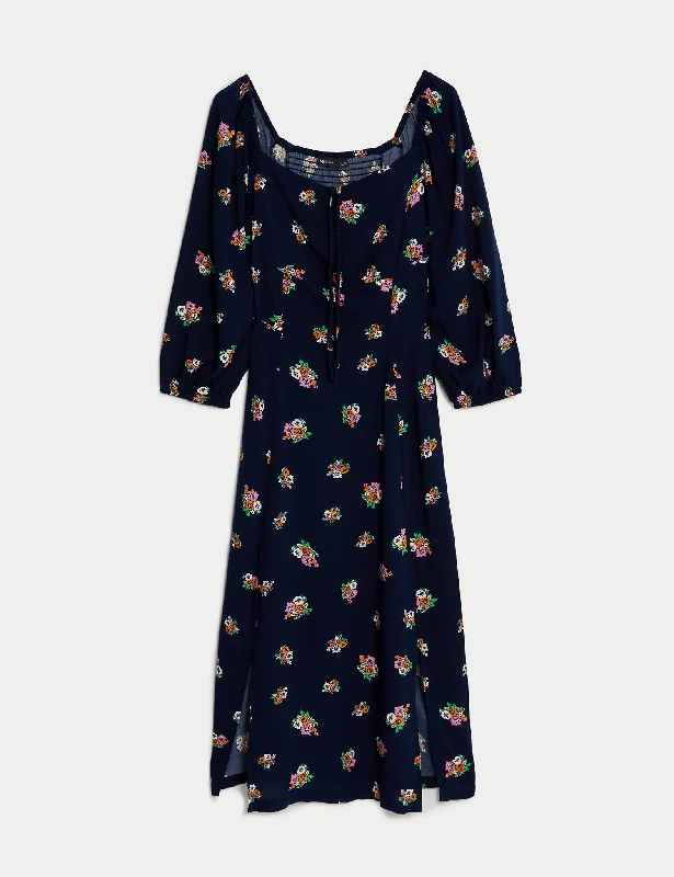 Printed Sweetheart Neckline Midi Tea Dress Cozy Spaghetti Strap Midi Dress