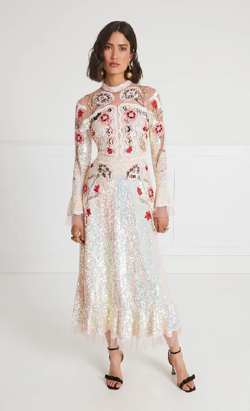 Remi Midi Show Dress - Iridescent Rose Trendy Mock Neck Midi Dress