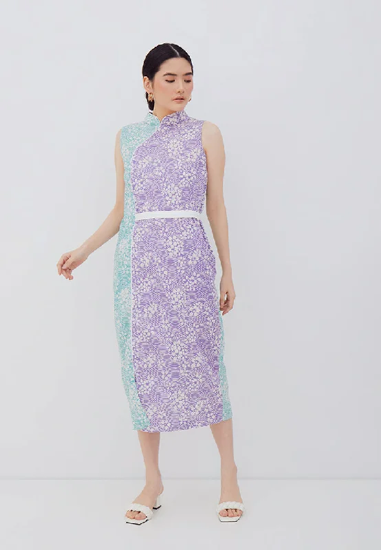 SAKURA さくら LILAC MINT Batik Midi Cheongsam Dress BATIK Trendy Midi Dress with Belt