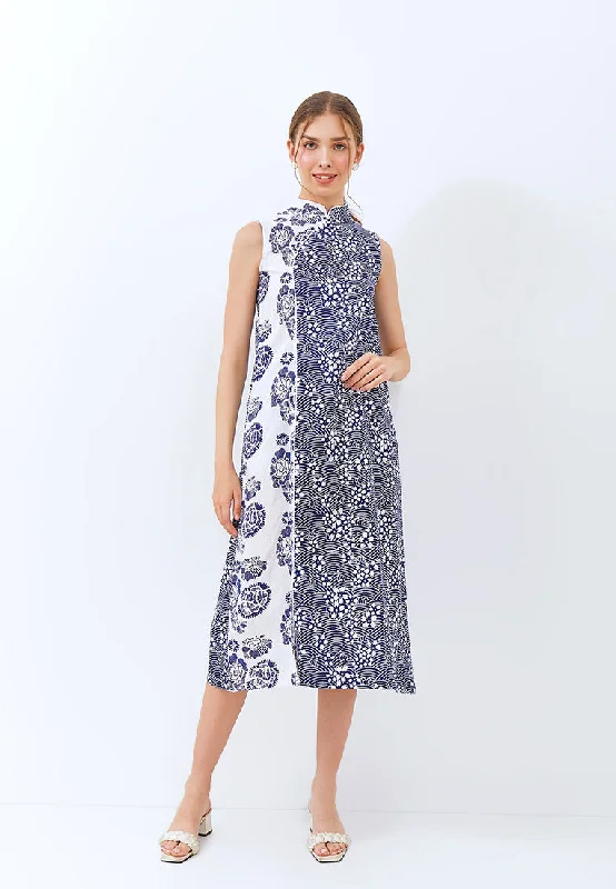 SAKURA さくら NAVY Batik Midi Cheongsam Dress Stylish Satin Midi Dress