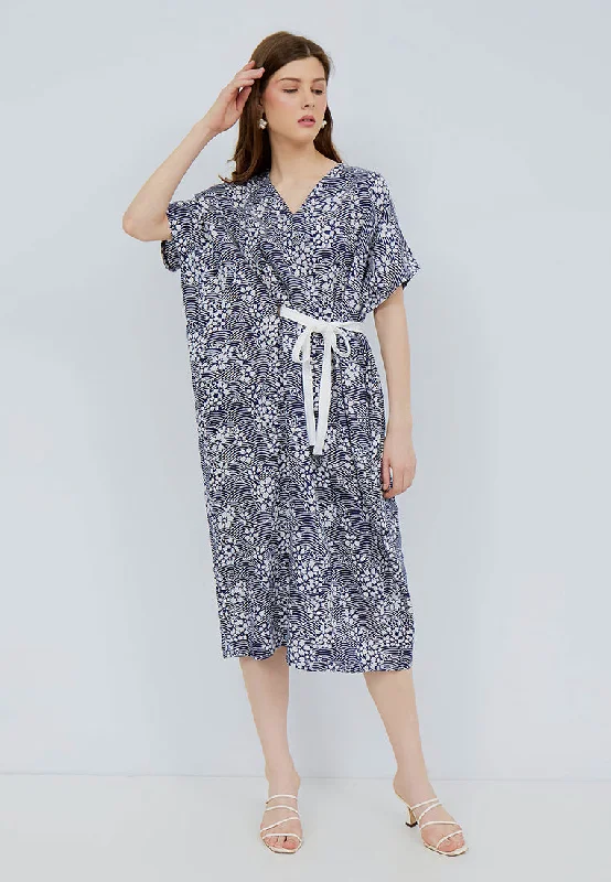 SAKURA さくら NAVY Midi Kimono Dress BATIK Comfortable Empire Waist Midi Dress