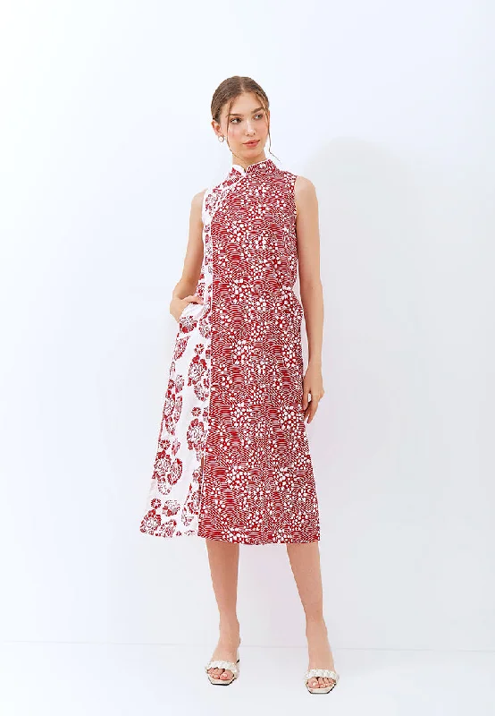 SAKURA さくら RED Batik Midi Cheongsam Dress Fashionable Polka Dot Midi Dress
