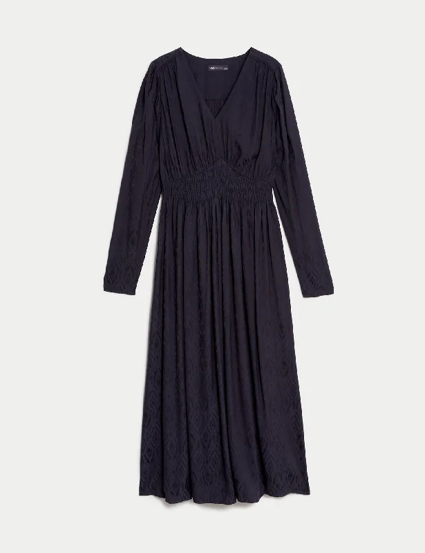 Satin Jacquard V-Neck Midi Tea Dress Elegant Satin Midi Dress