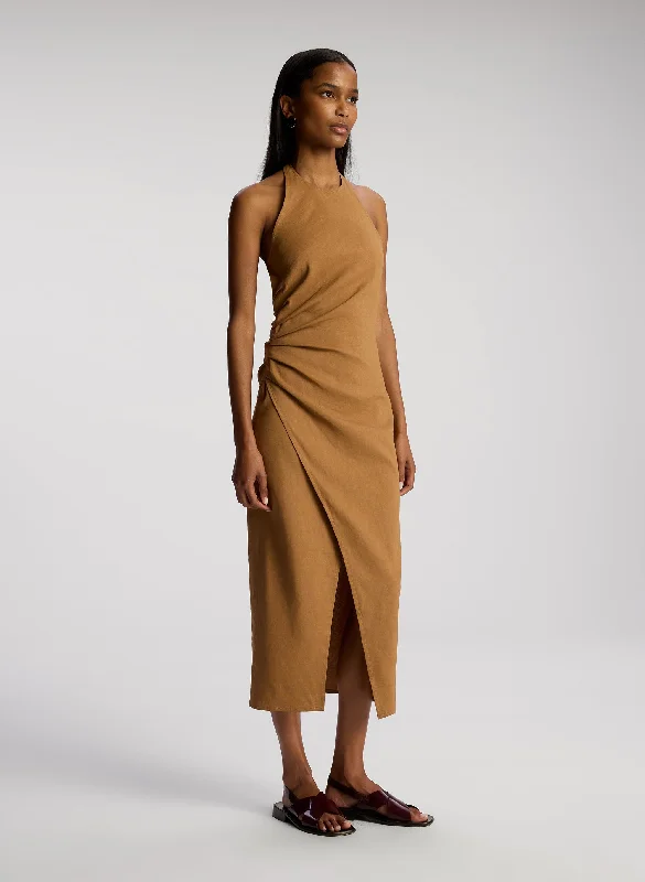 Sylvie Linen Midi Halter Dress Trendy Ruched Side Midi Dress