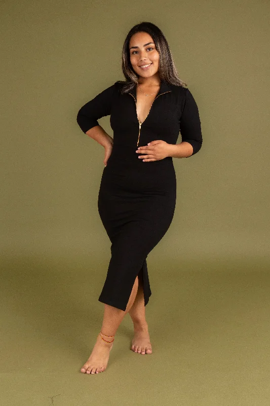 Zip Dress 3/4 Sleeve Midi Petite in Black Stylish Halter Neck Midi Dress
