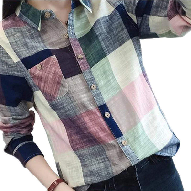 Ladies Female Casual Cotton Long Sleeve Plaid Shirt Women Slim Outerwear Blouse Tops Size-- Houndstooth Herringbone Solid Ladies Female Casual Cotton Long Sleeve Plaid Shirt Women Slim Outerwear Blouse Tops Size-- Houndstooth Herringbone Solid