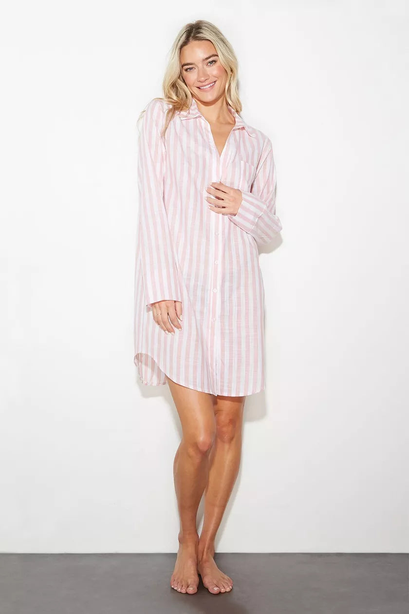 Pink Stripe Revere Shirt Nightie-- Ribbed T-Shirt High Neck Heavyweight