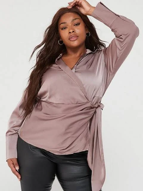 Taupe Satin Tie Waist Wrap Shirt-- Sequined Glittery Shiny