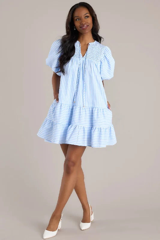 Family Story Light Blue Stripe Mini Dress Chic Tropical Mini Dress