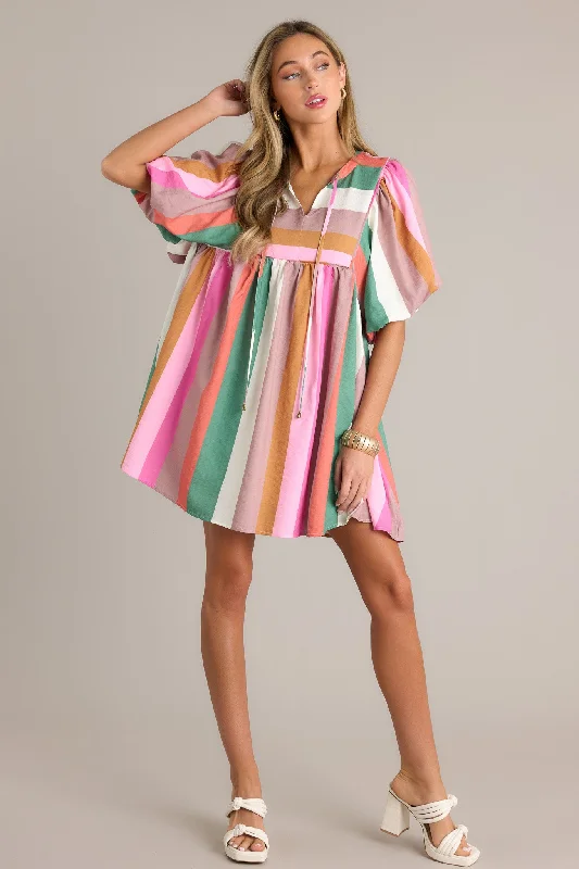 Riviera Retreat Green Multi Stripe Mini Dress Elegant Mini Dress with Ruffles