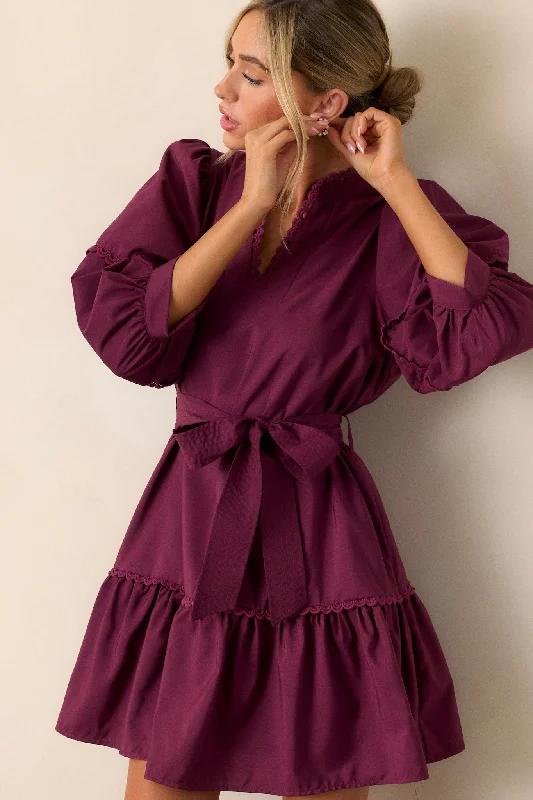 Fire and Rain Plum Bishop Sleeve Mini Dress Fashionable A-Line Mini Dress