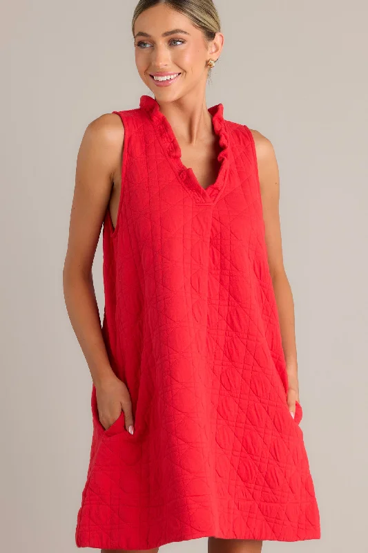 Mystic Jewels Red Quilted Mini Dress Stylish Puff Sleeve Mini Dress