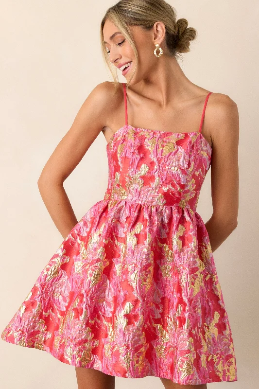 Fluorescent Dreams Pink Jacquard Mini Dress Elegant Lace-Up Mini Dress