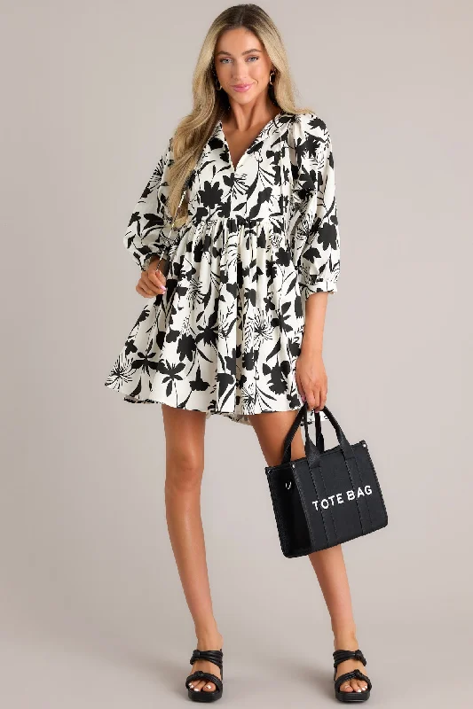 Chasing Sunsets 100% Cotton Black & White Floral Mini Dress Stylish Plaid Mini Dress