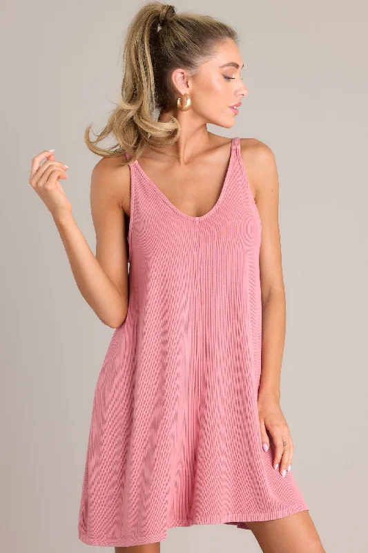 Into The Sky Ribbed Rose Pink Mini Dress Fashionable Denim Mini Dress