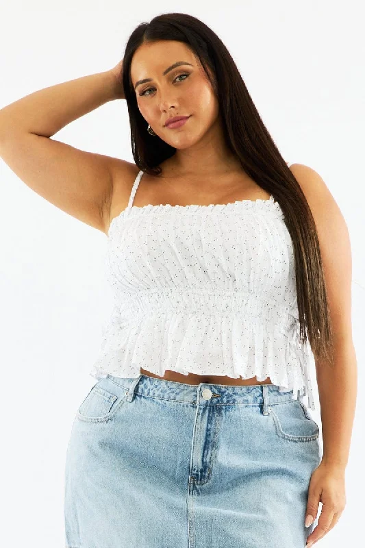 White Ditsy Cami Crop Top Ruched Side Tie Fleece Nylon Spandex