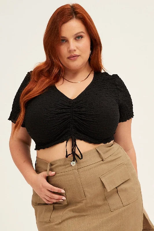 Black Crop Top Short Sleeve Textured Lace Drawstring Cotton Fabric Linen Fabric Terry Fabric