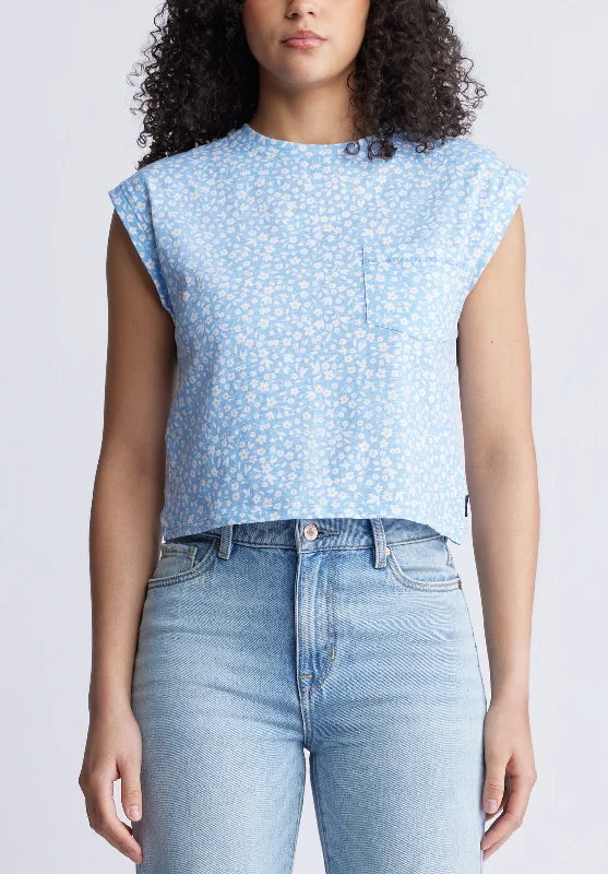 Amandine Women's Cap-Sleeve Crop Top, Blue with White Flowers - KT0148S Chenille Brocade Lace