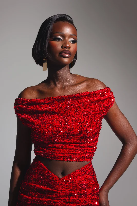 JESS Sequin Cowl Crop Top in RUBY Print Jacquard Patchwork