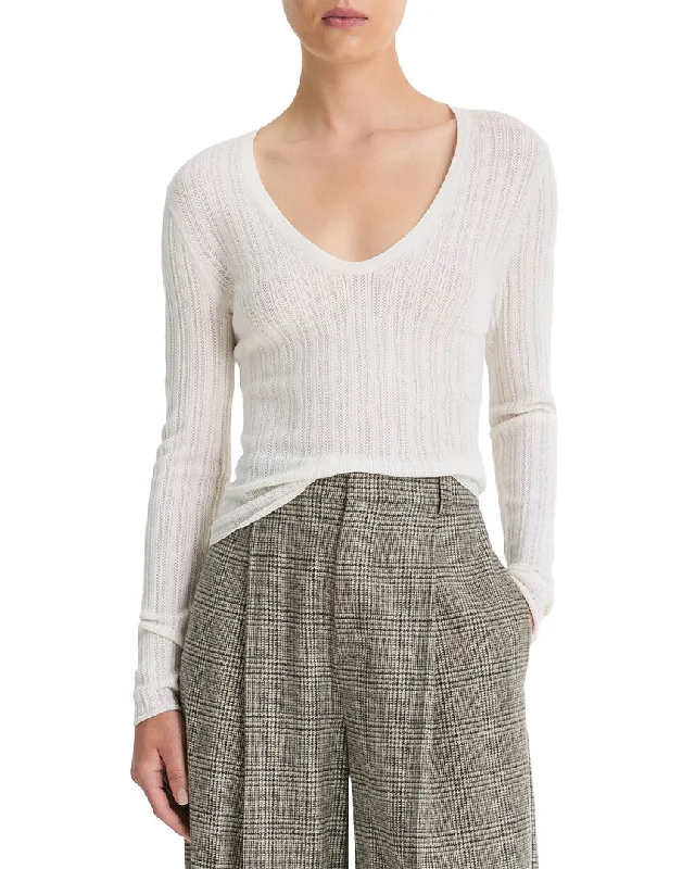 Vince Pointelle Stitch Wool-Blend Pullover Short Puff Sleeve