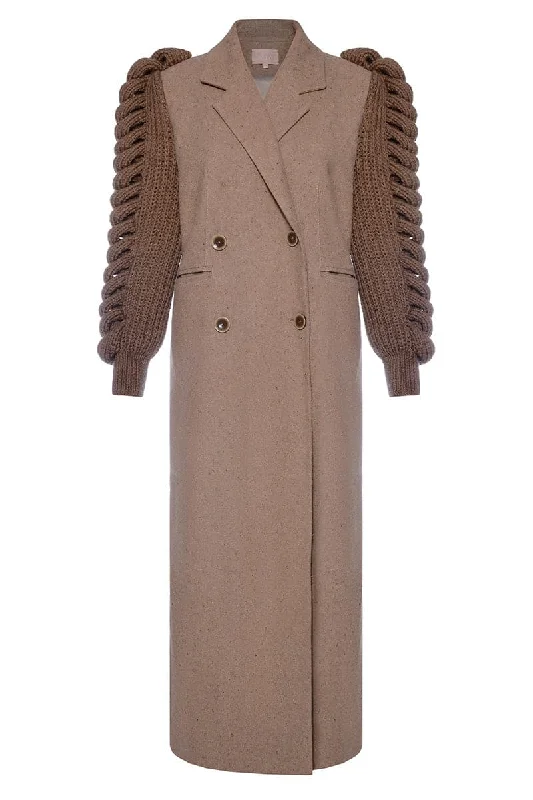 CAMEL DOUBLE-BREASTED KNITTED SLEEVES COAT Toggle Coat Shawl Collar Coat Notch Collar Coat