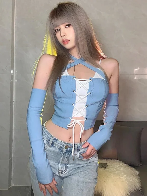 Lace Up Layered Crop Top Lace Blend Ribbed Blend Corduroy Blend