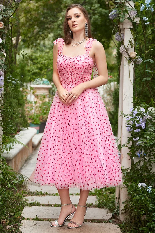 Pink Tulle A-line Midi Prom Dress with Hearts Elegant Lace Trim Midi Dress