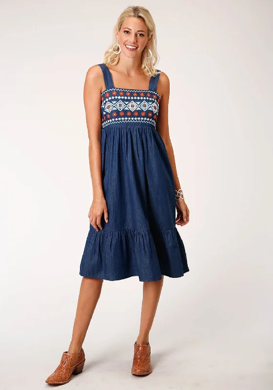Roper Womens Indigo Blue 100% Cotton Midi Length S/L Dress XS Comfortable Button Front Midi Dress