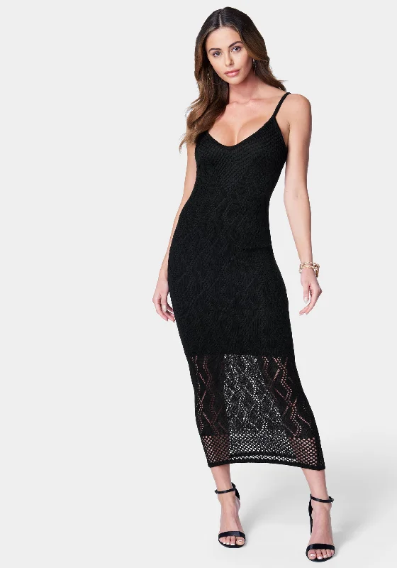 V Neck Midi Crochet Dress Stylish Long Sleeve Floral Midi Dress